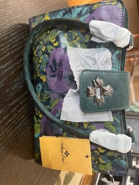 Patricia Nash Satchel. Bright Floral Leather Crossbody Bag with Decorative Clasp